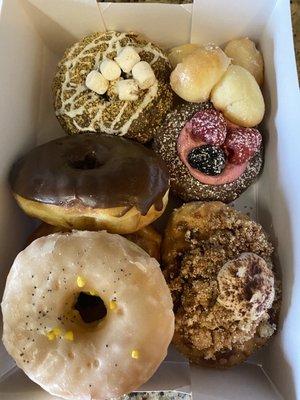 Assortment of donuts and donut holes - s'mores, raspberry, chocolate, cinnamon dust, and lemon.