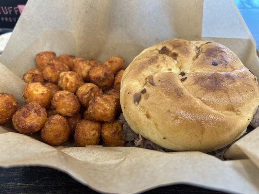 Beef and cheddar and sweet potato tots