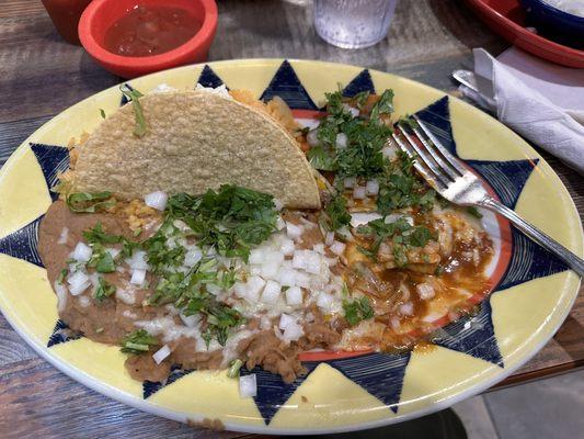 Cheese enchilada, ground beef taco, rice and beans. You have to ask for the cilantro and onion separately