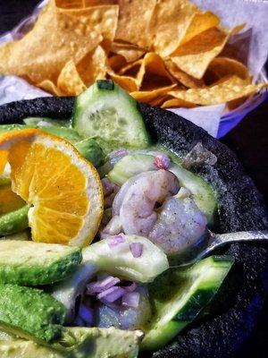 Loaded Green Aguachile - sweet, tender, massive shrimp in classic Sinaloa spicy marinade. GET IT!