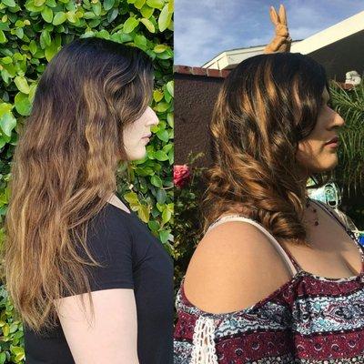 Before and after springtime balayage highlights and cut with new layers.