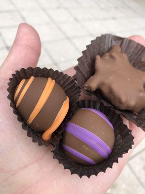 Milk chocolate orange truffle, raspberry truffle, and turtle!