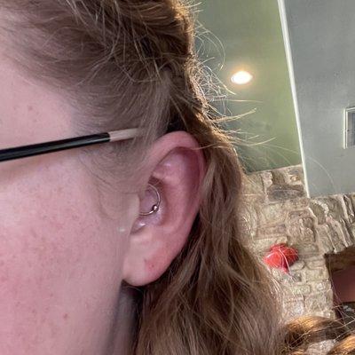 Daith piercing--one of two options they offered for the initial earring.