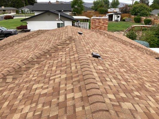 After picture of a complete new reroof installation. We used owens corning Trudefinition duration shingles "dessert tan"