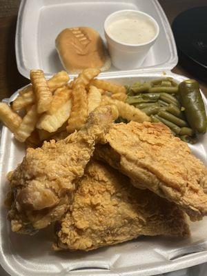 Slap Yo Momma Good Fried Chicken (3 piece dark) with fries, green beans, jalapeño, roll, and a side of white gravy for fry dippin.