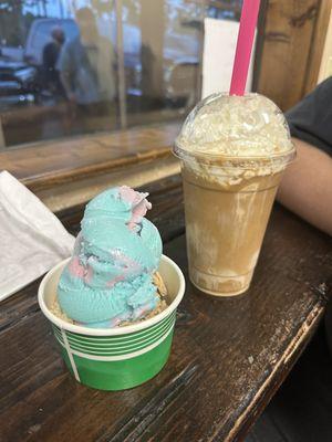 Double scoop in cup and cold brew float with coffee ice cream