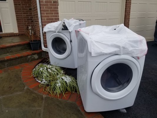 Our Washer/Dryer units left in our front yard in the freezing rain after Delivery man dropped and broke new dryer.