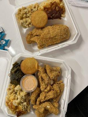 Haddock filet and catfish nuggets, sides are Mac and cheese, greens and cornbread muffins