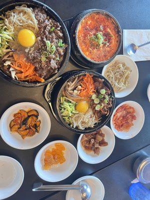 Bibimbap with Beef, tofu soup, Spicy Pork BBQ over Clear Noodles