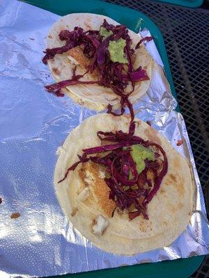 Fish tacos with cabbage and guac