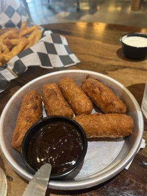 Mozzarella Sticks with a blackberry bbq dipping sauce