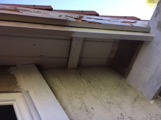 The two face boards on that meet at the roofline Apex are dry-rotted enough to have chunks flake out when sanded.