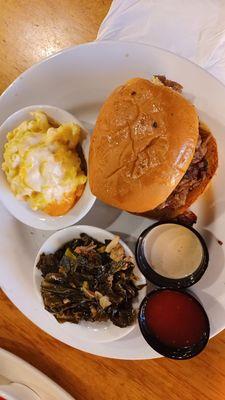 beef brisket (chopped/lean), mac & cheese, and collard greens w/t their 2 bbq sauces