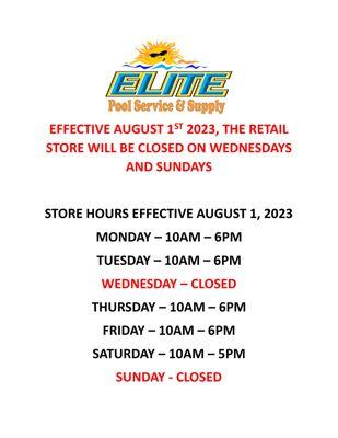 EFFECTIVE AUGUST 1ST 2023, THE RETAIL STORE WILL BE CLOSED ON SUNDAYS AND WEDNESDAYS