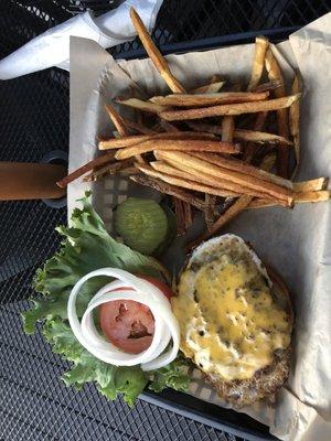 Classic cheeseburger with a fried (to death) egg.