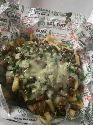 Carne asada fries with cheese and guacamole on side