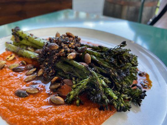 Broccolini with romesco sauce - great side with many layers of flavor