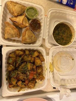 Samosas top left. Tofu saag on the top right. Aloo jeera at the bottom.