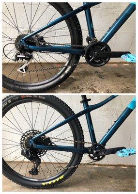 Before and after when they upgraded my bike from a 2x drive train to a 1X12 SRAM Eagle drive train