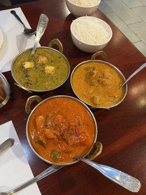 Saag Paneer (top left), Chicken Curry (top right), Chicken Tikka Masala (bottom)