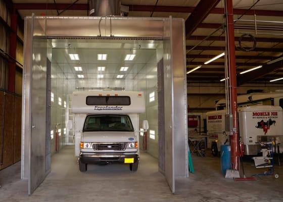 Joe's 44' long x 16' high enclosed, heated paint booth, large enough for any RV!