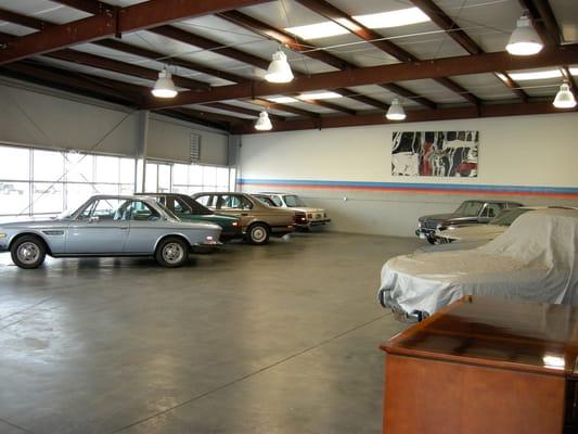 Clean, well lit showroom. Classic cars for sale.