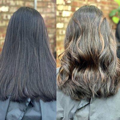 Before and after from off block to a subtle chestnut balayage.