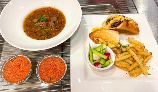 Beef lentil soup, Philly cheesesteak, fries, roasted pepper custard