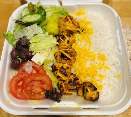 Saffron Lemon Chicken Tenders Kabob Plate $14.99 cooked to perfection