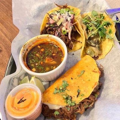 Quesa Birria taco, and 2 tacos with consommé