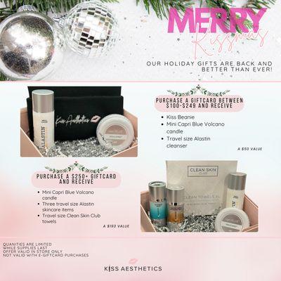 Kiss Aesthetics Holiday Promo available 11/1/24-12/23/24 
WHILE SUPPLIES LAST