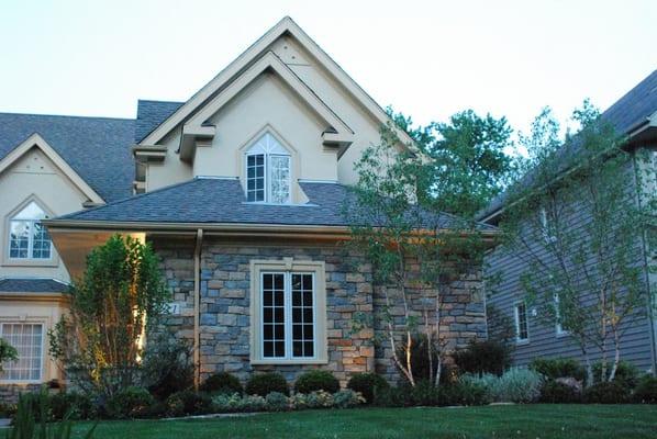 Complete Exterior Renovation Painting, Stone Work, All new Landscape, Trees, shrubs, perennials, stone work, accent lighting