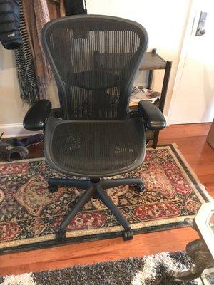 Comfy Aeron. No blemishes or anything in transit, easy to put together and working well.