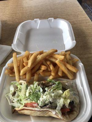 Gyro and fries 8 bucks delicious crispy fries anD tasty meal. Give this place a shot