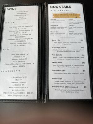 Wine and mixed drink menu