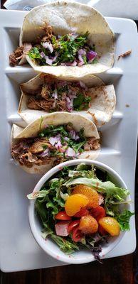 Carnitas tacos with spring mix salad.