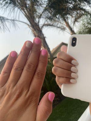 (Left) Bright pink gel with glitter ring finger & (Right) full set pure white dip nails!