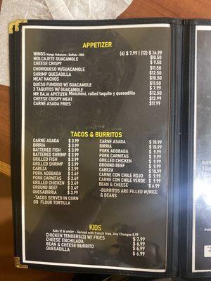 Appetizer menu, Tacos/burritos, & kids menu