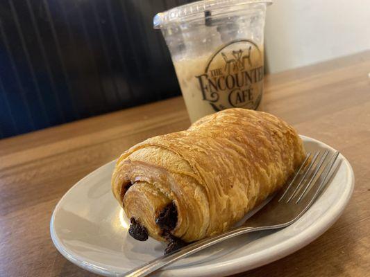 Chocolate croissant and a lavender-honey iced latte w almond milk