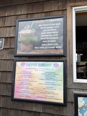 Frappe and Lotus Energy juice menu