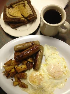 2 eggs over easy, home fries, sausage & toast