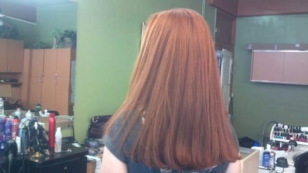 Look how straight it is!  Look how red it is!  Full on natural red-head, but not naturally straight; thanks for taming my locks!