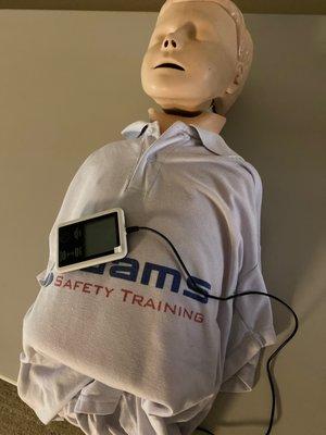 Child size dummy with sensor to monitor depth, rhythm and rate.