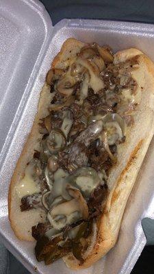 Cheesesteak with no green peppers with jalapeños, very very good