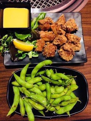 Japanese Fried Chicken and Edamame.