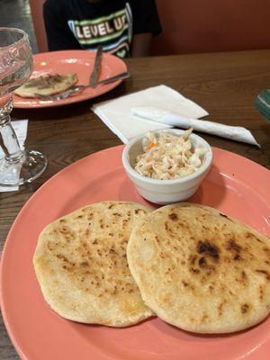 Chicken Pupusa  and bean and cheese.  Strawberry margarita