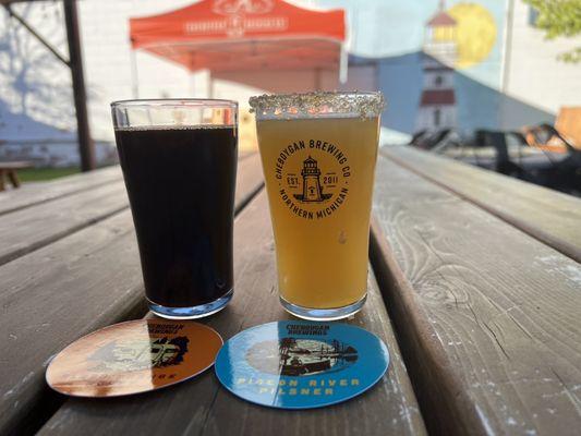 Chocolate covered Cherry stout and an Imperial Cinnamon Hefeweizen out on the side patio