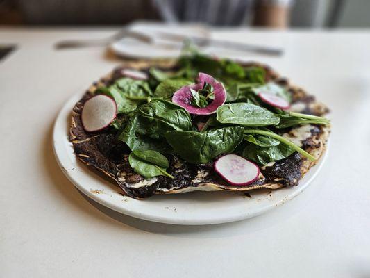 Tlayuda de Res (Grilled Steak, Mole Negro, Quesillo, Greens)