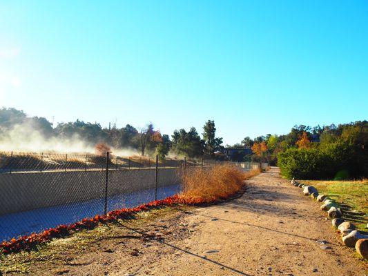 View of the trail with steam coming off the frosty ground!