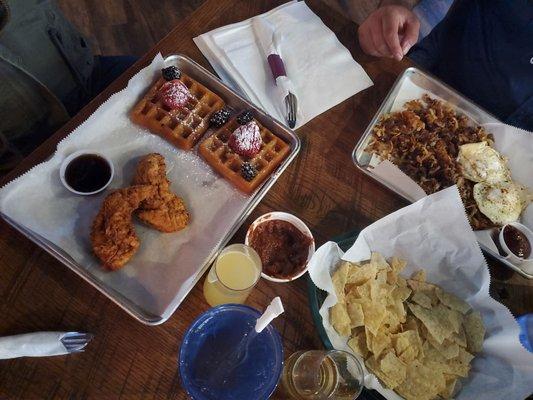 Chicken and waffles. Breakfast hash